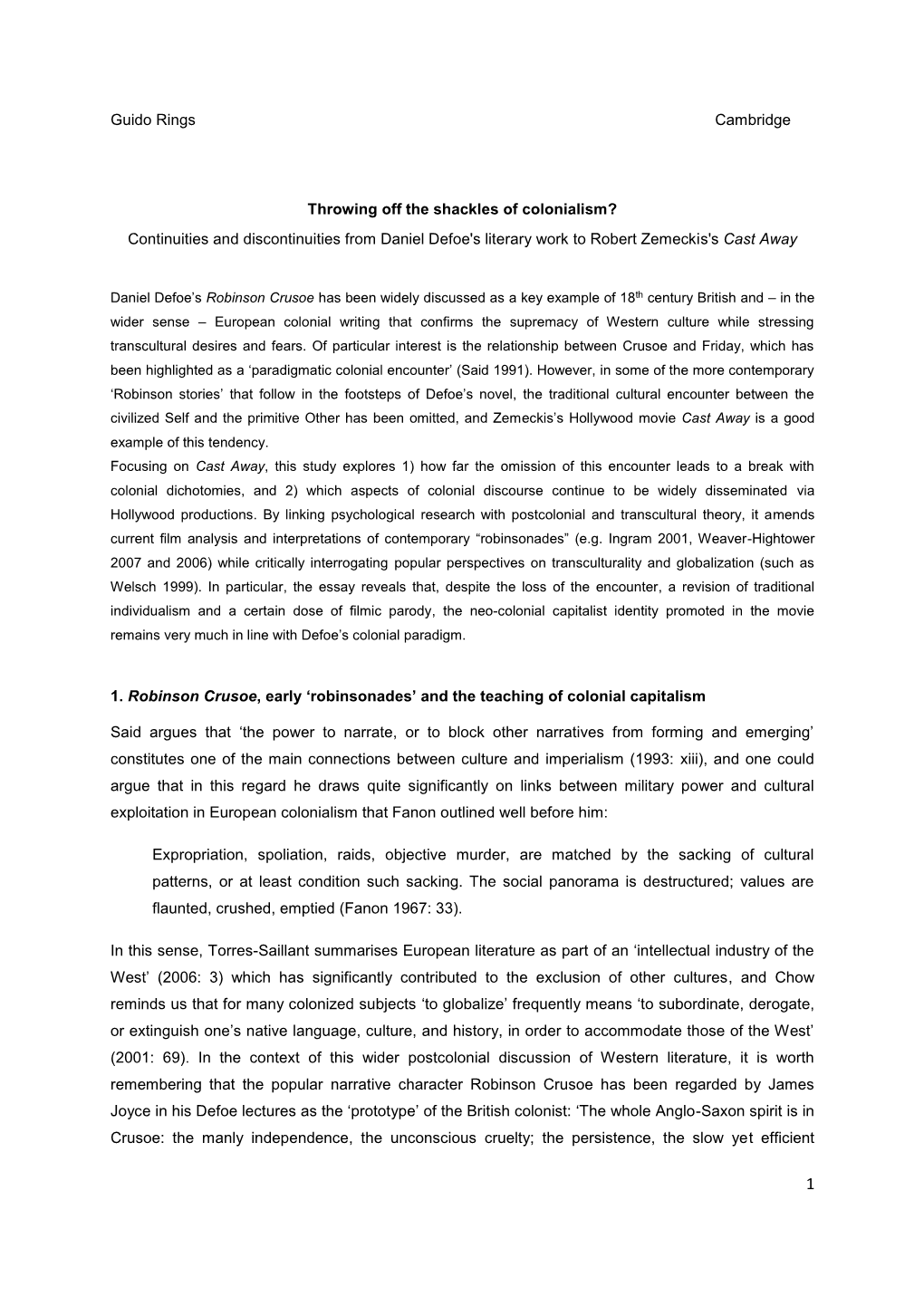 Continuities and Discontinuities from Daniel Defoe's Literary Work to Robert Zemeckis's Cast Away