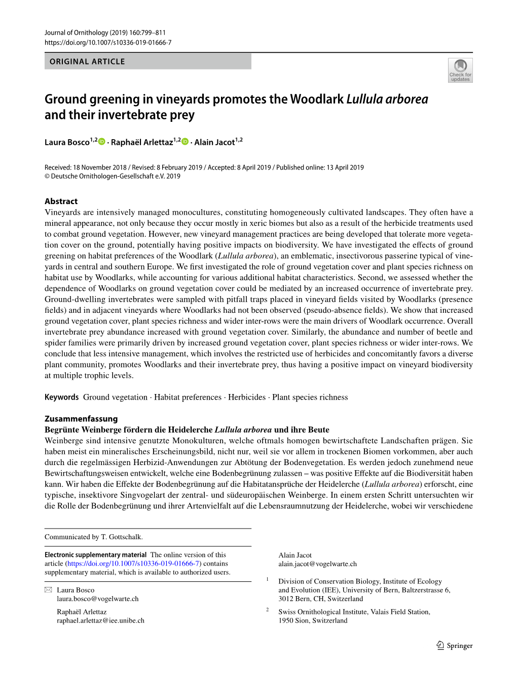 Ground Greening in Vineyards Promotes the Woodlark Lullula Arborea and Their Invertebrate Prey