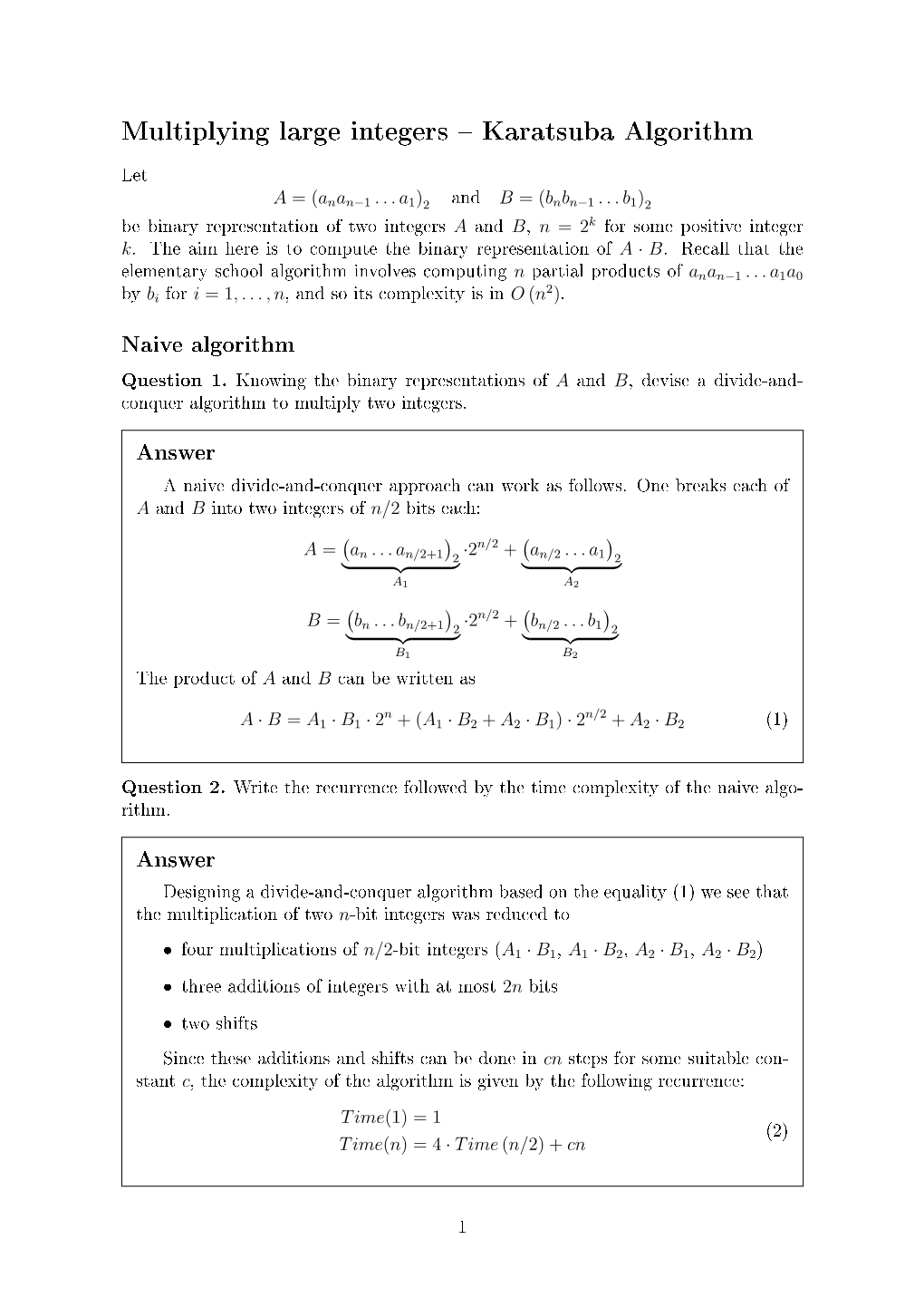 Multiplying Large Integers Karatsuba Algorithm