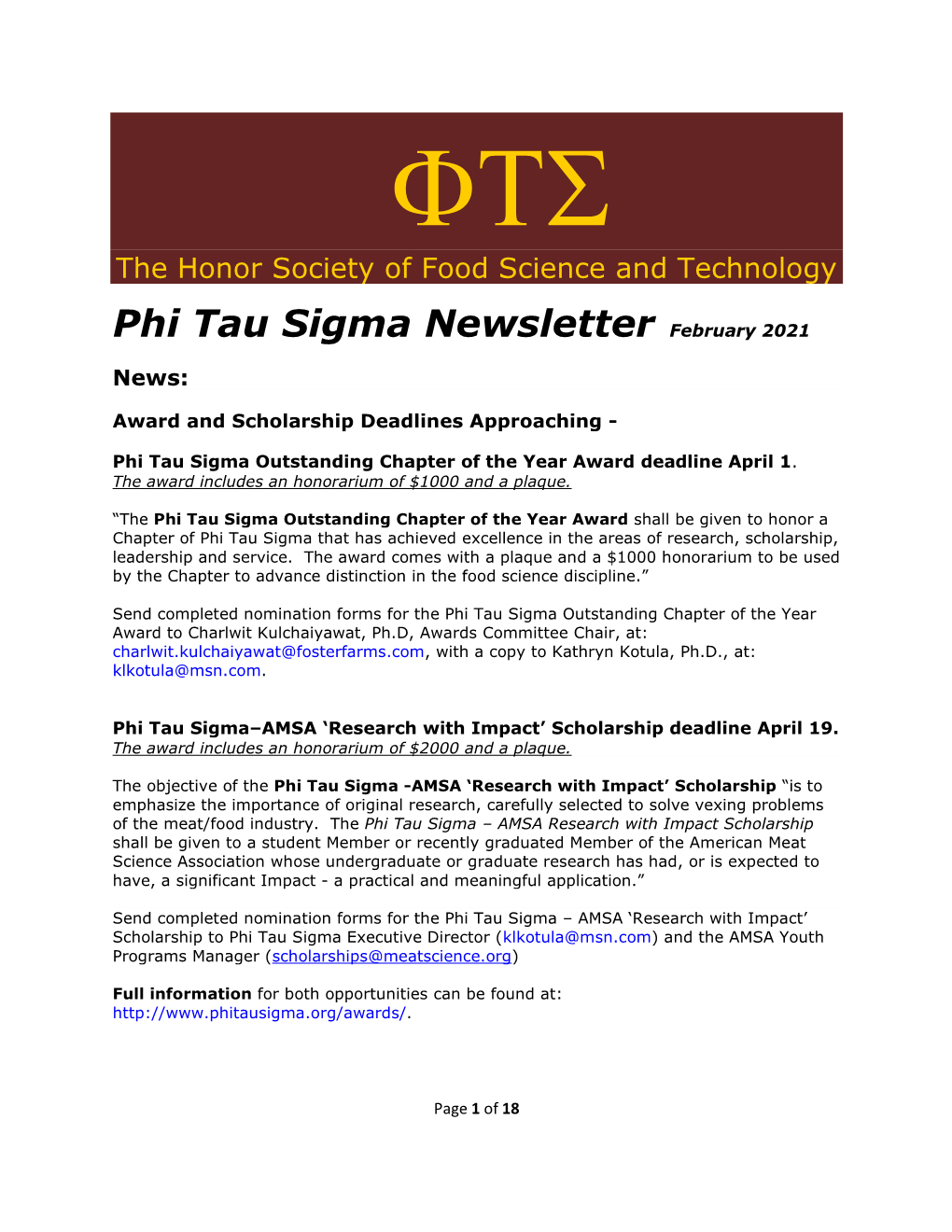 Phi Tau Sigma Newsletter February 2021
