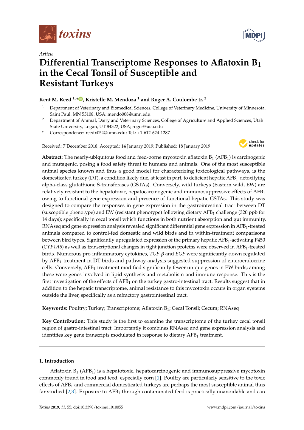 Differential Transcriptome Responses to Aflatoxin B1 in the Cecal Tonsil Of