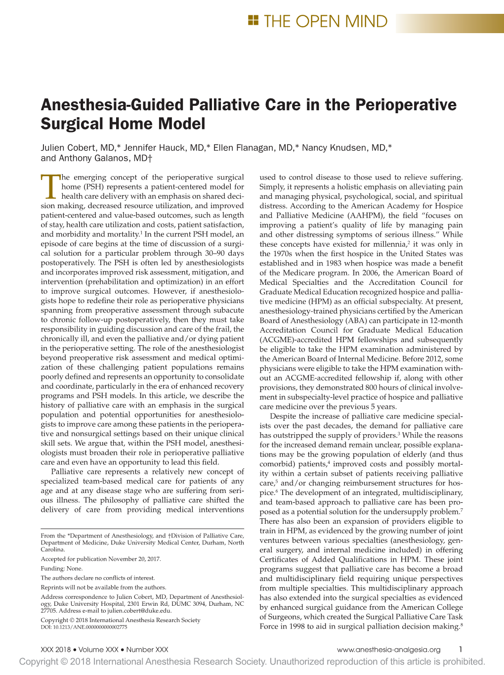 Anesthesia-Guided Palliative Care in the Perioperative Surgical Home Model