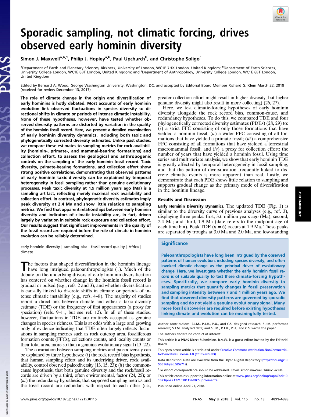 Sporadic Sampling, Not Climatic Forcing, Drives Observed Early Hominin Diversity