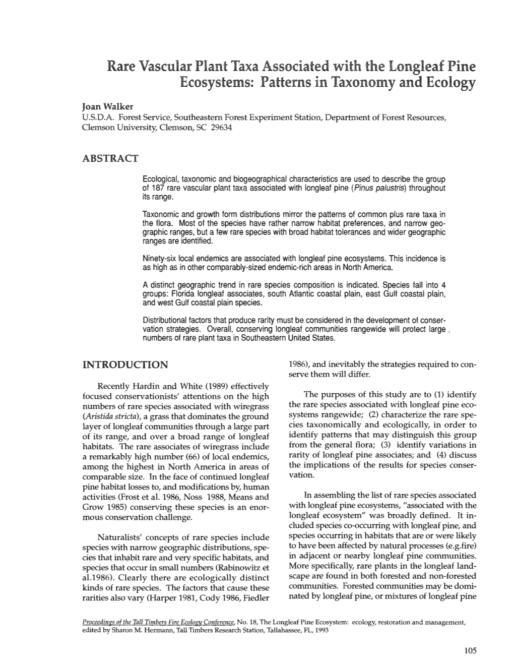 Rare Vascular Plant Taxa Associated with the Longleaf Pine Ecosystems: Patterns in Taxonomy and Ecology