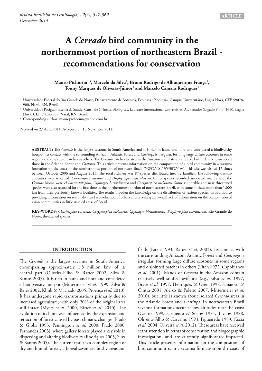 A Cerrado Bird Community in the Northernmost Portion of Northeastern Brazil - Recommendations for Conservation