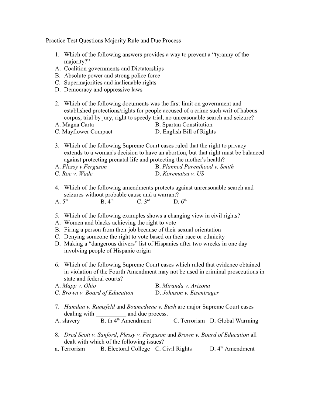 Practice Test Questions Majority Rule And Due Process