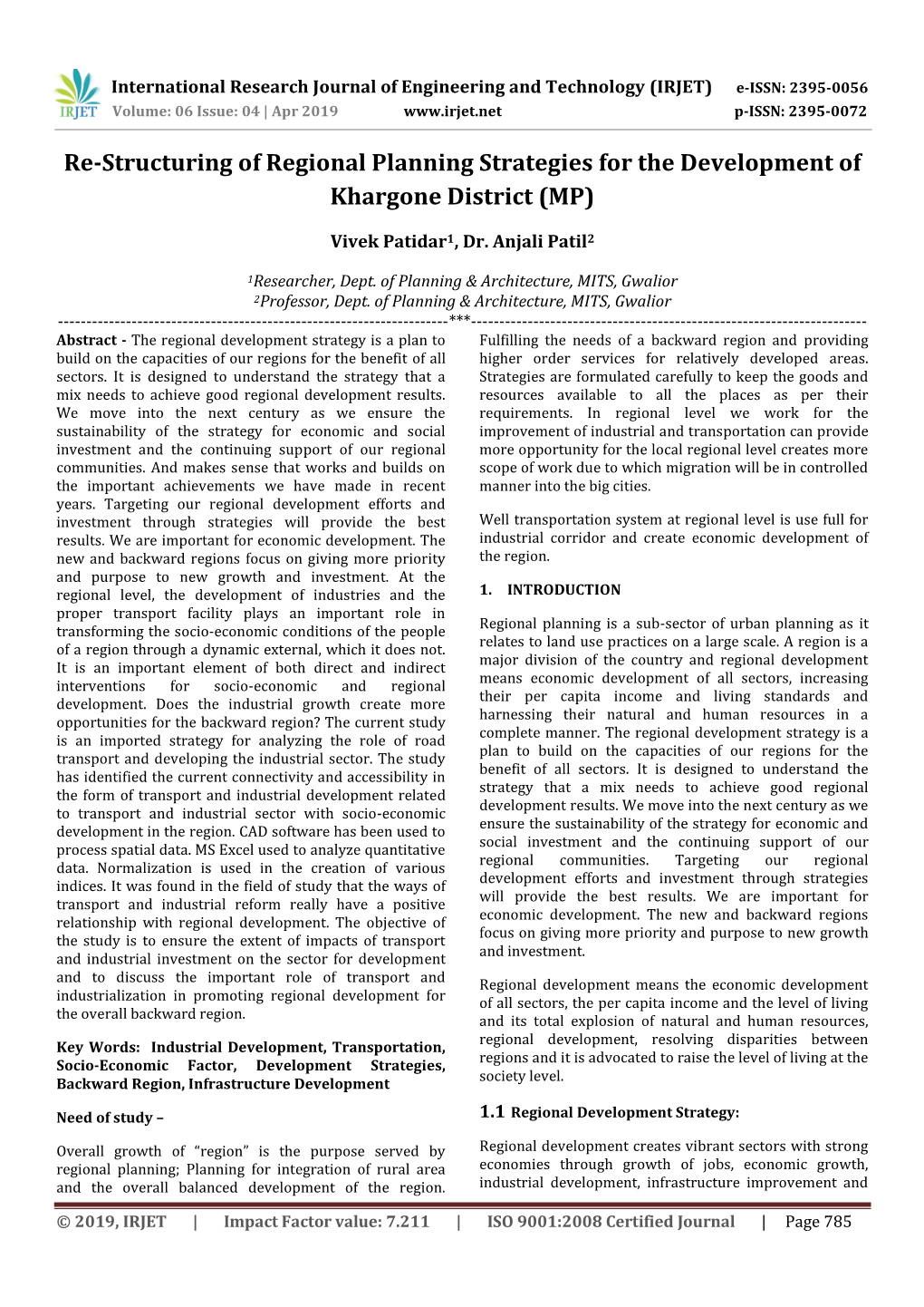 Re-Structuring of Regional Planning Strategies for the Development of Khargone District (MP)