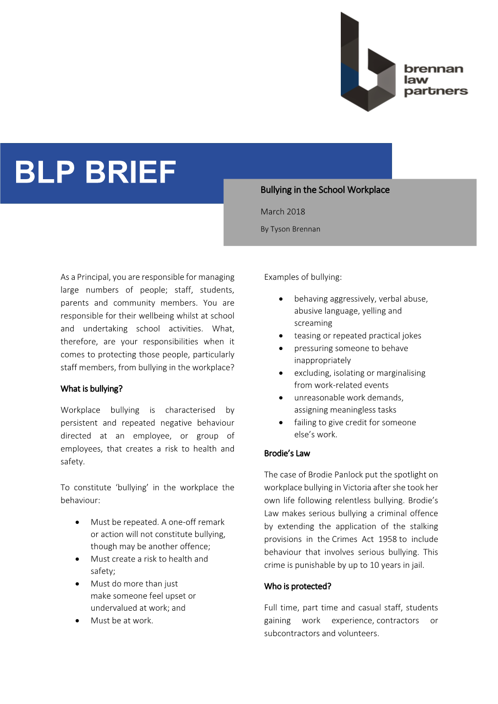 BLP BRIEF Bullying in the School Workplace