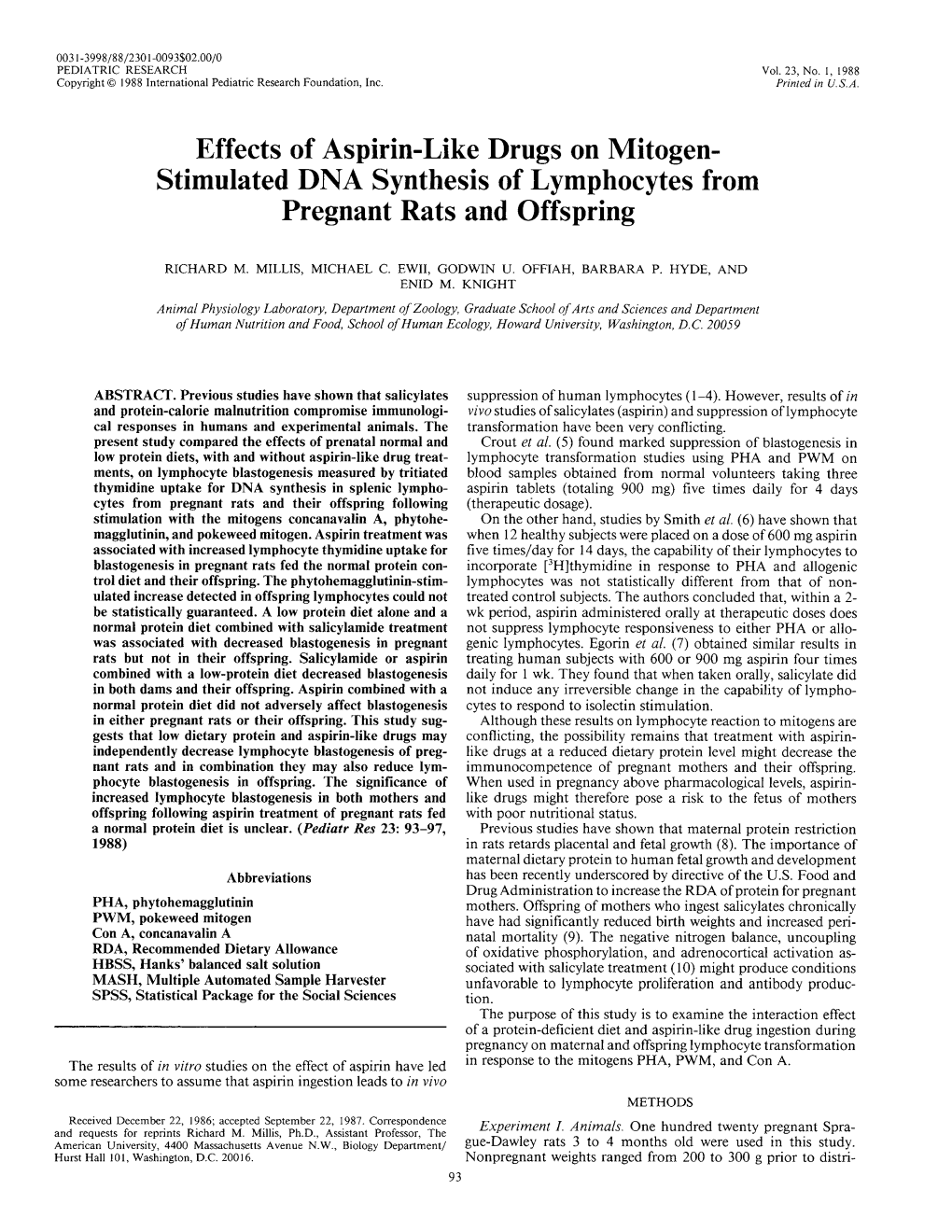 Effects of Aspirin-Like Drugs on Mitogen- Stimulated DNA Synthesis of Lymphocytes from Pregnant Rats and Offspring