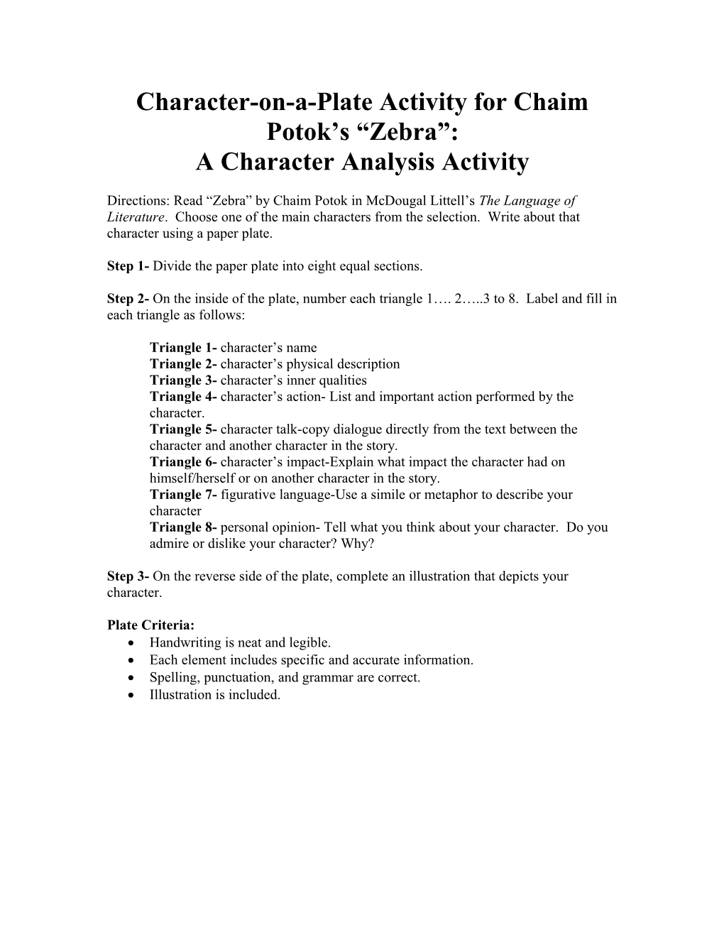 Character-On-A-Plate Activity for Chaim Potok S Zebra