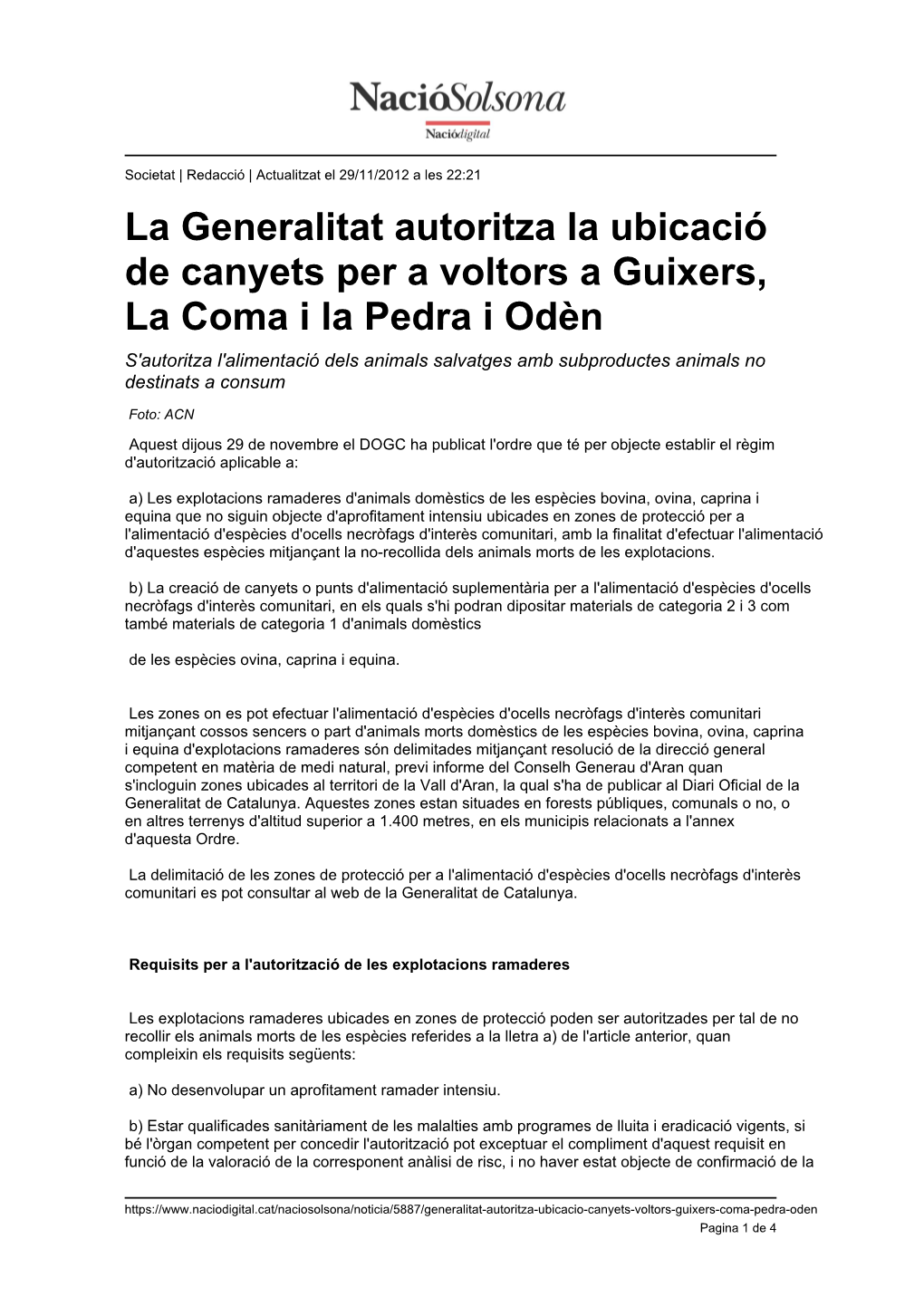 La Generalitat Autoritza La Ubicació De Canyets Per a Voltors A