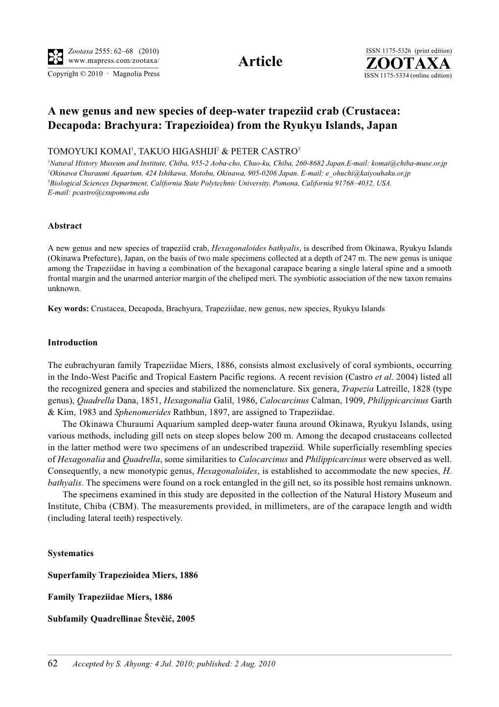 Zootaxa, a New Genus and New Species of Deep-Water Trapeziid