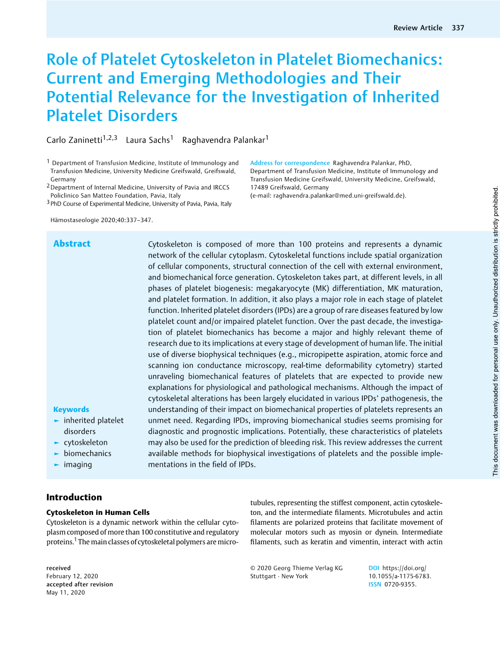 Role of Platelet Cytoskeleton in Platelet Biomechanics