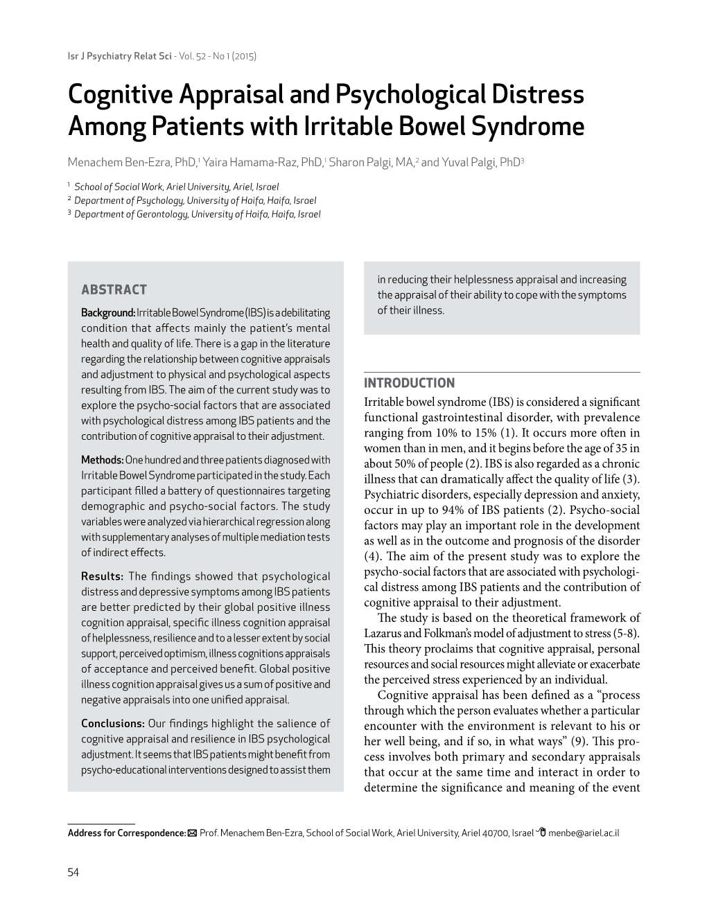 Cognitive Appraisal and Psychological Distress Among Patients with Irritable Bowel Syndrome