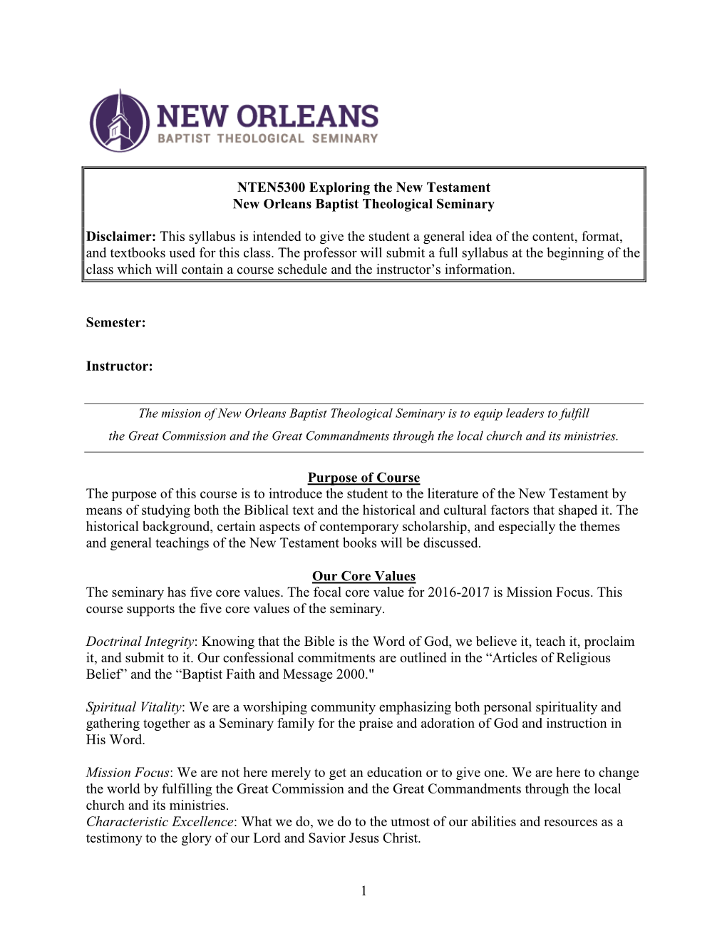 1 NTEN5300 Exploring the New Testament New Orleans Baptist Theological Seminary Disclaimer: This Syllabus Is Intended to Give Th