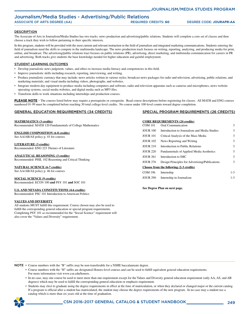 JOURNALISM/MEDIA STUDIES PROGRAM Journalism/Media Studies - Advertising/Public Relations ASSOCIATE of ARTS DEGREE (AA) REQUIRED CREDITS: 60 DEGREE CODE: JOURAPR-AA