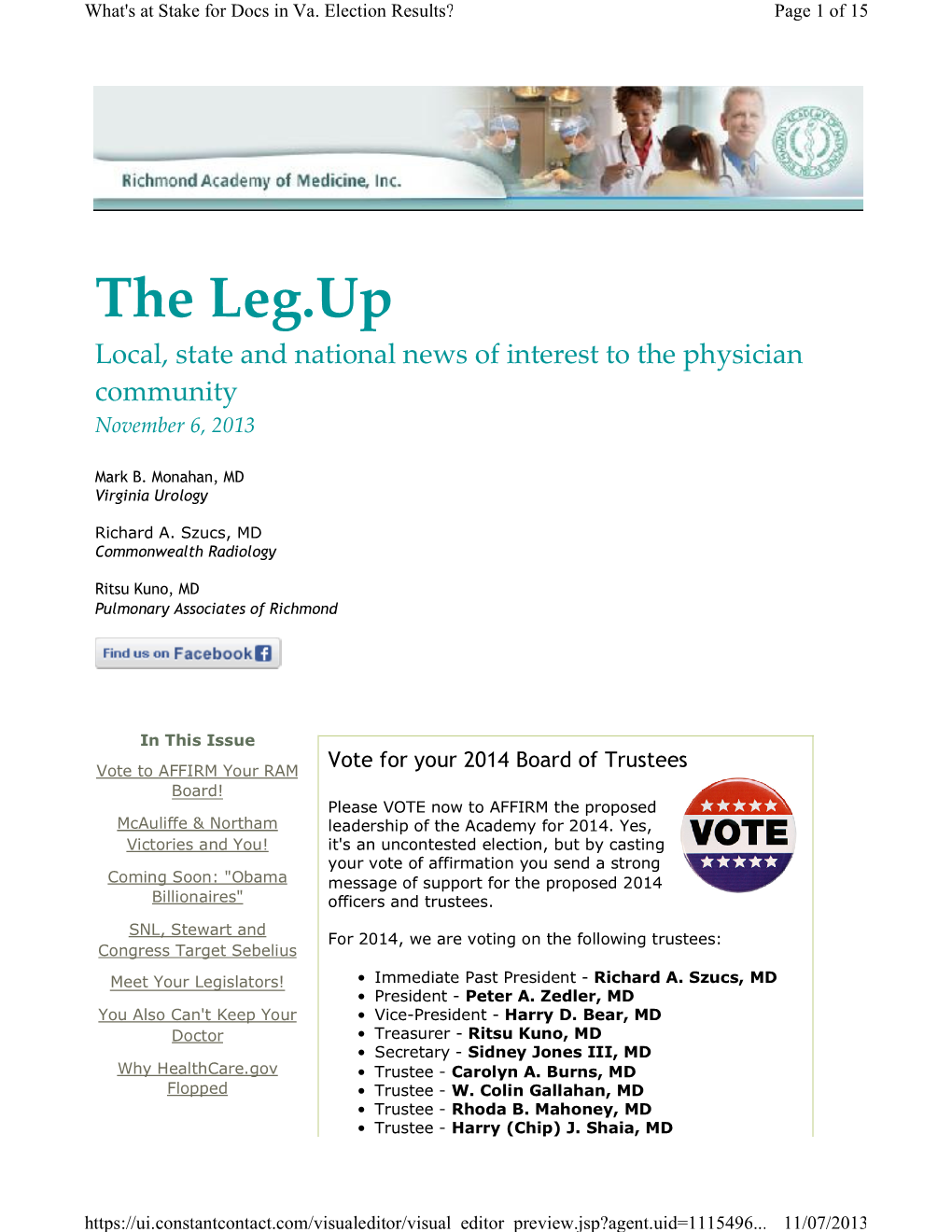 The Leg.Up Local, State and National News of Interest to the Physician Community November 6, 2013