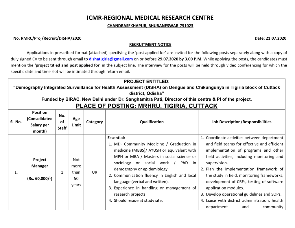 Icmr-Regional Medical Research Centre Chandrasekhapur, Bhubaneswar-751023