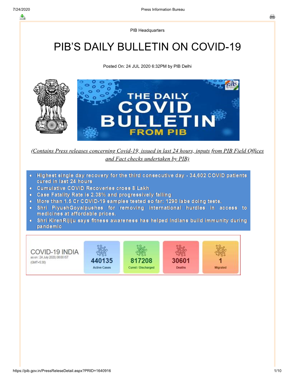 Pib's Daily Bulletin on Covid-19