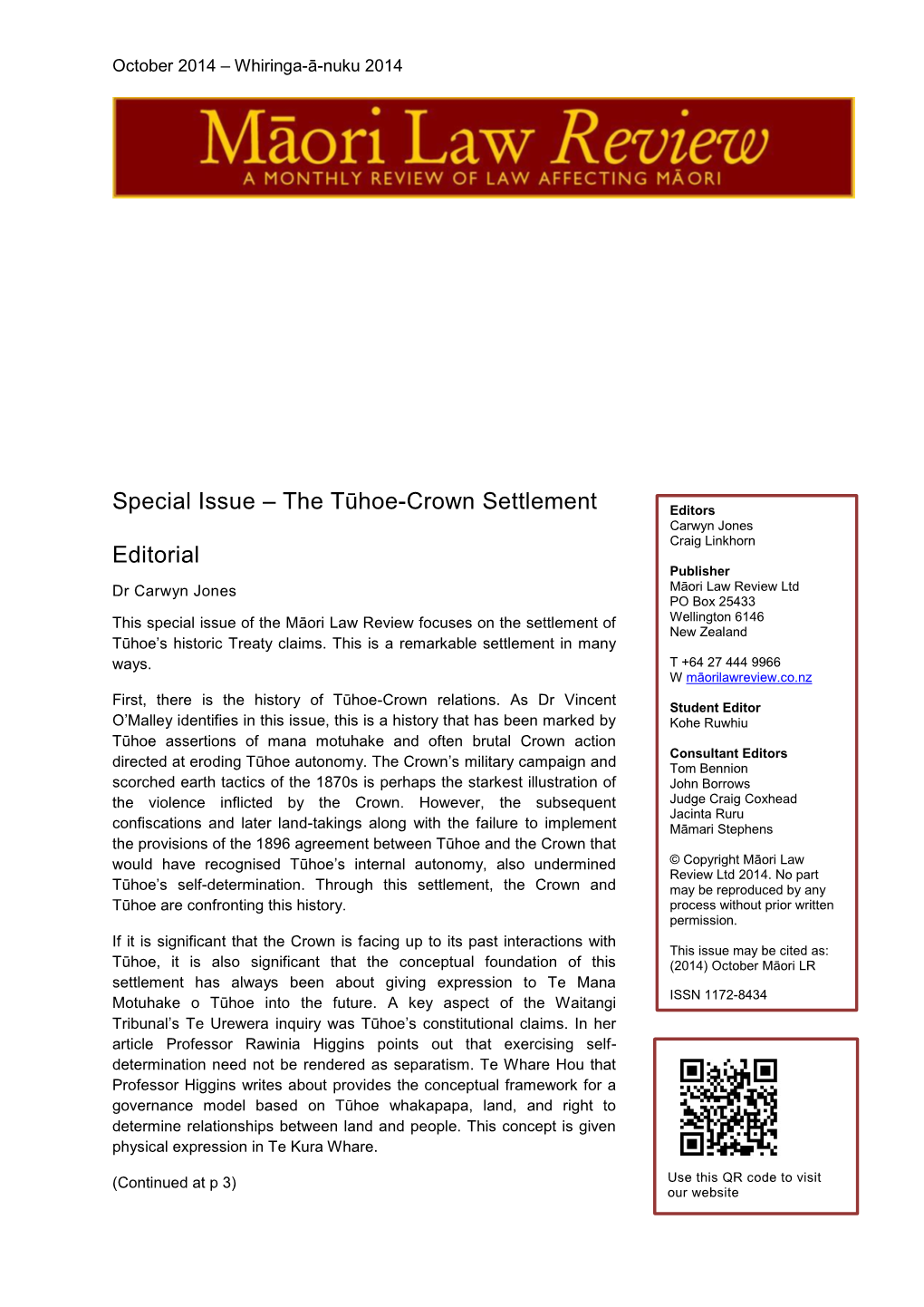 Special Issue – the Tūhoe-Crown Settlement Editorial