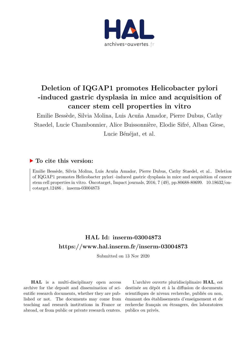 Deletion of IQGAP1 Promotes Helicobacter Pylori -Induced Gastric