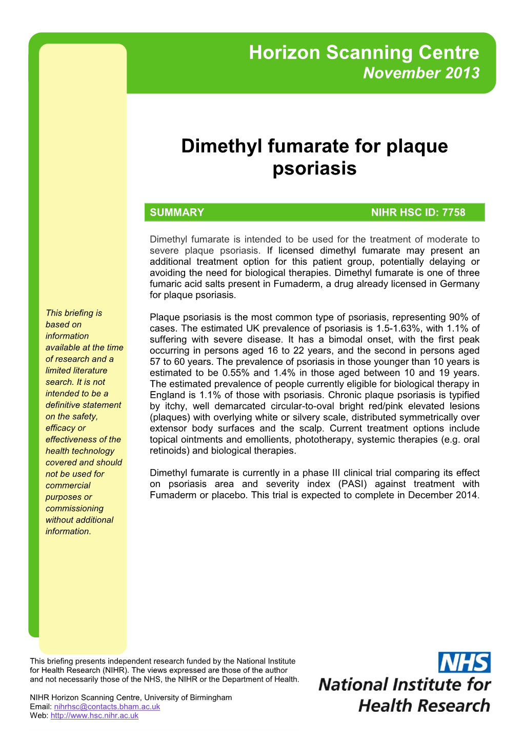 Dimethyl Fumarate for Plaque Psoriasis