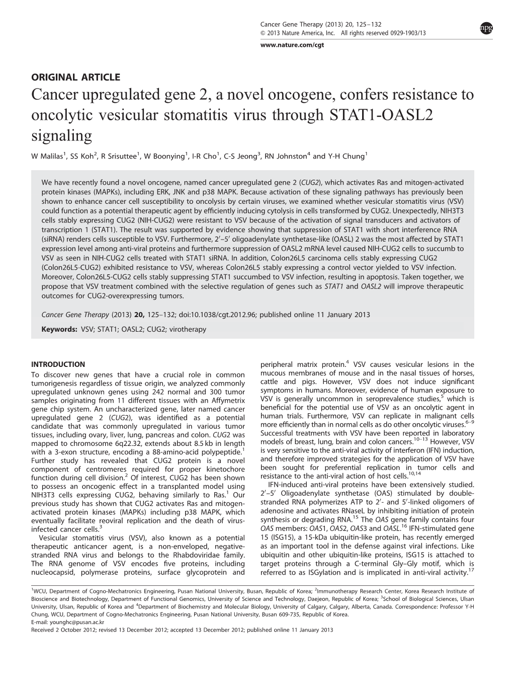 Cancer Upregulated Gene 2, a Novel Oncogene, Confers Resistance to Oncolytic Vesicular Stomatitis Virus Through STAT1-OASL2 Signaling