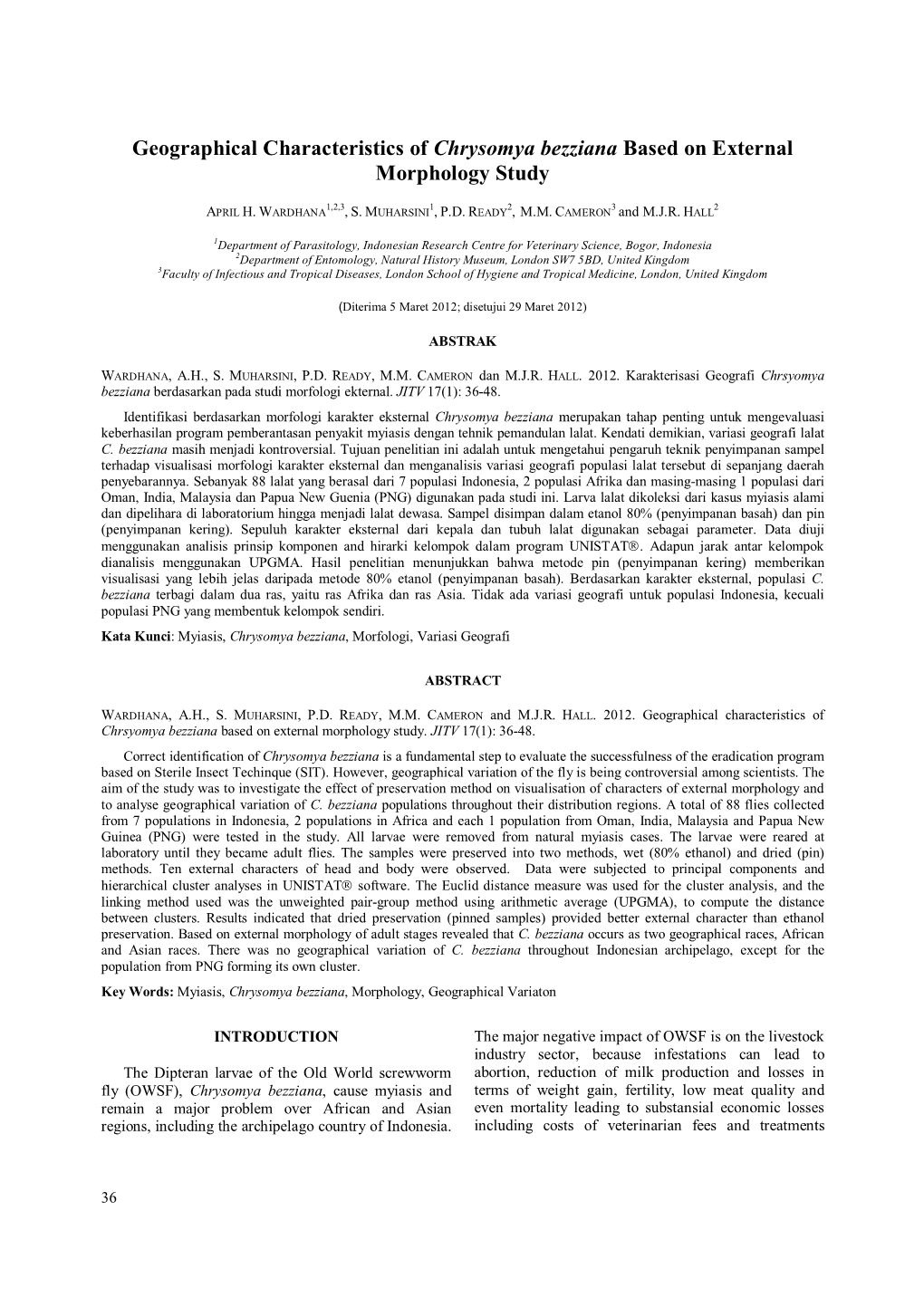 Geographical Characteristics of Chrysomya Bezziana Based on External Morphology Study