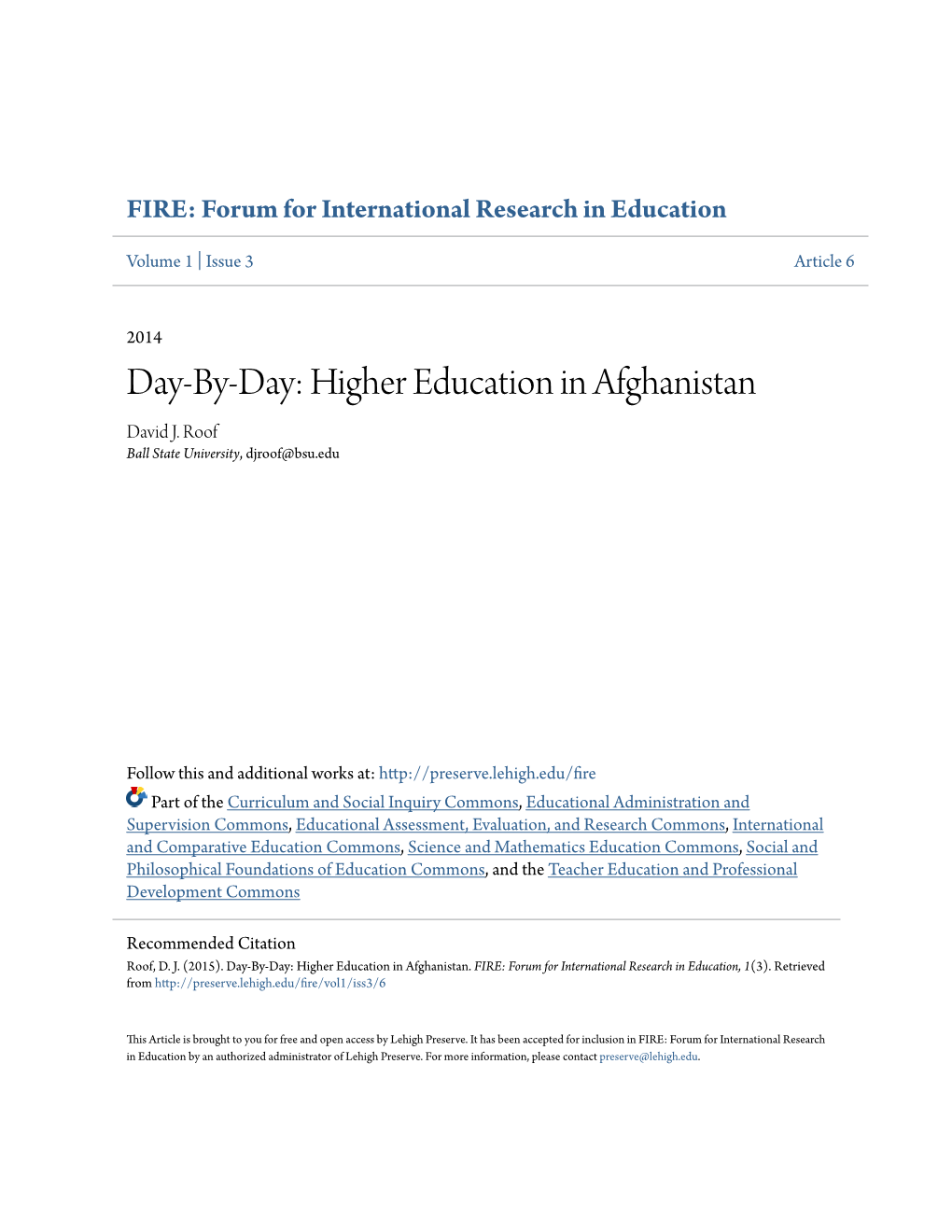 Higher Education in Afghanistan David J