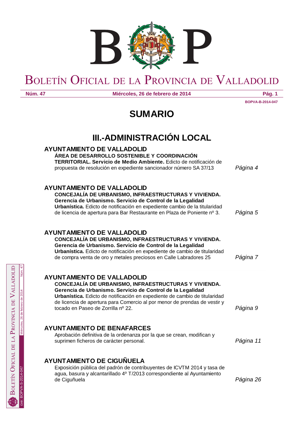 Sumario Boletín Oficial De La Provincia De Valladolid