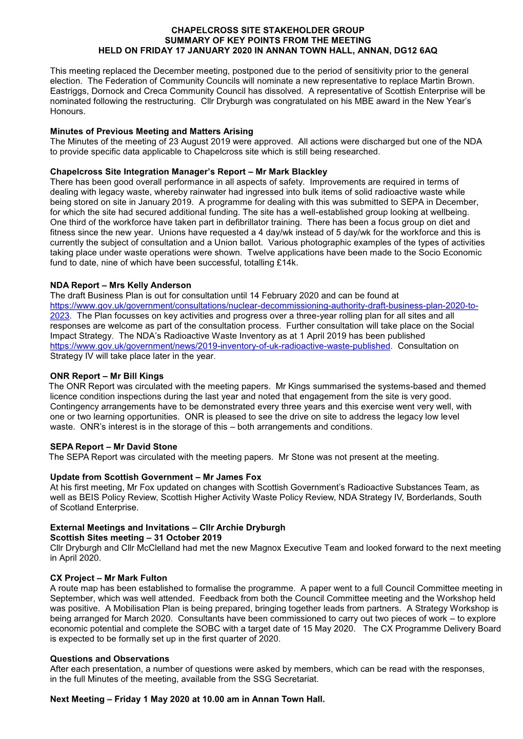 Chapelcross Site Stakeholder Group Summary of Key Points from the Meeting Held on Friday 17 January 2020 in Annan Town Hall, Annan, Dg12 6Aq