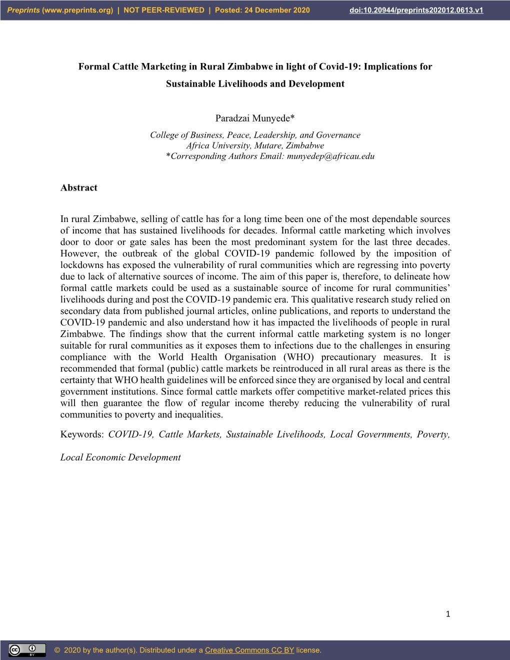 Formal Cattle Marketing in Rural Zimbabwe in Light of Covid-19: Implications for Sustainable Livelihoods and Development