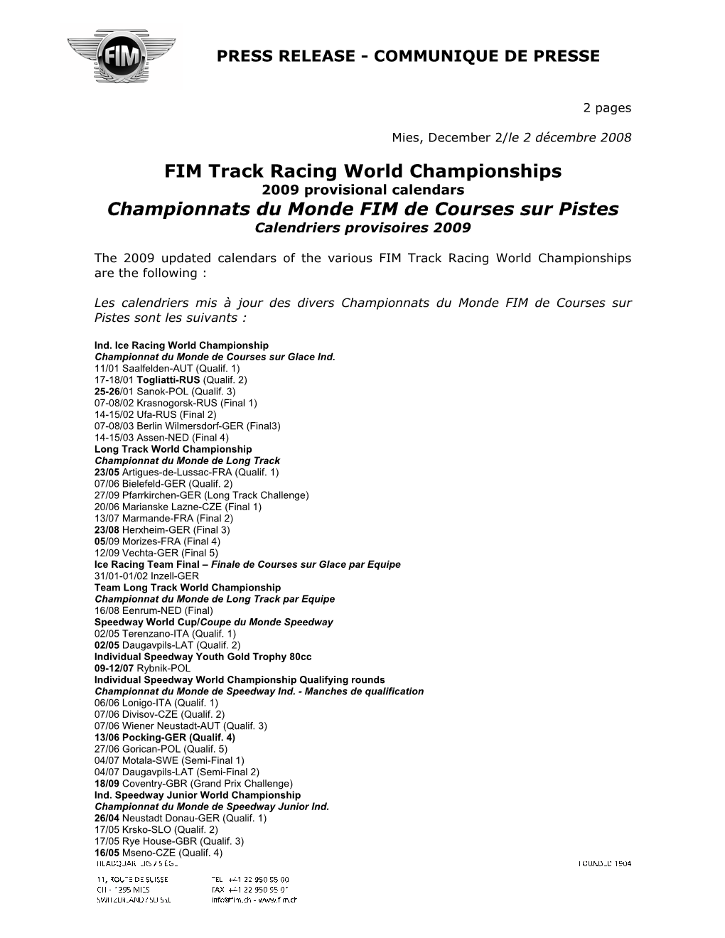 FIM Track Racing World Championships Championnats Du