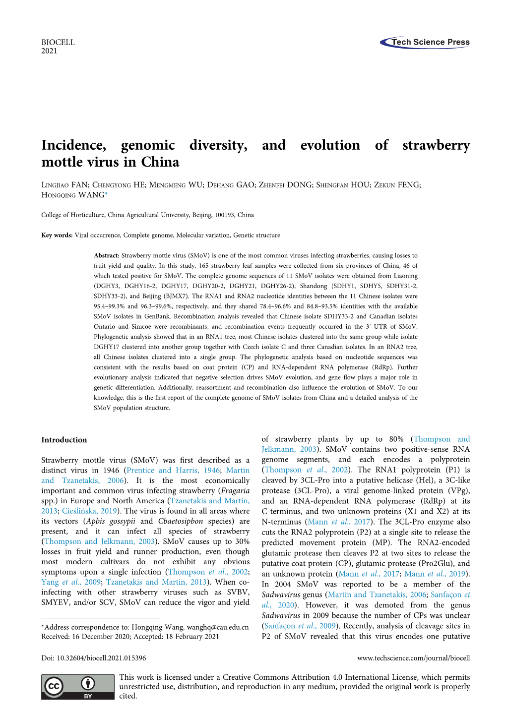Incidence, Genomic Diversity, and Evolution of Strawberry Mottle Virus in China