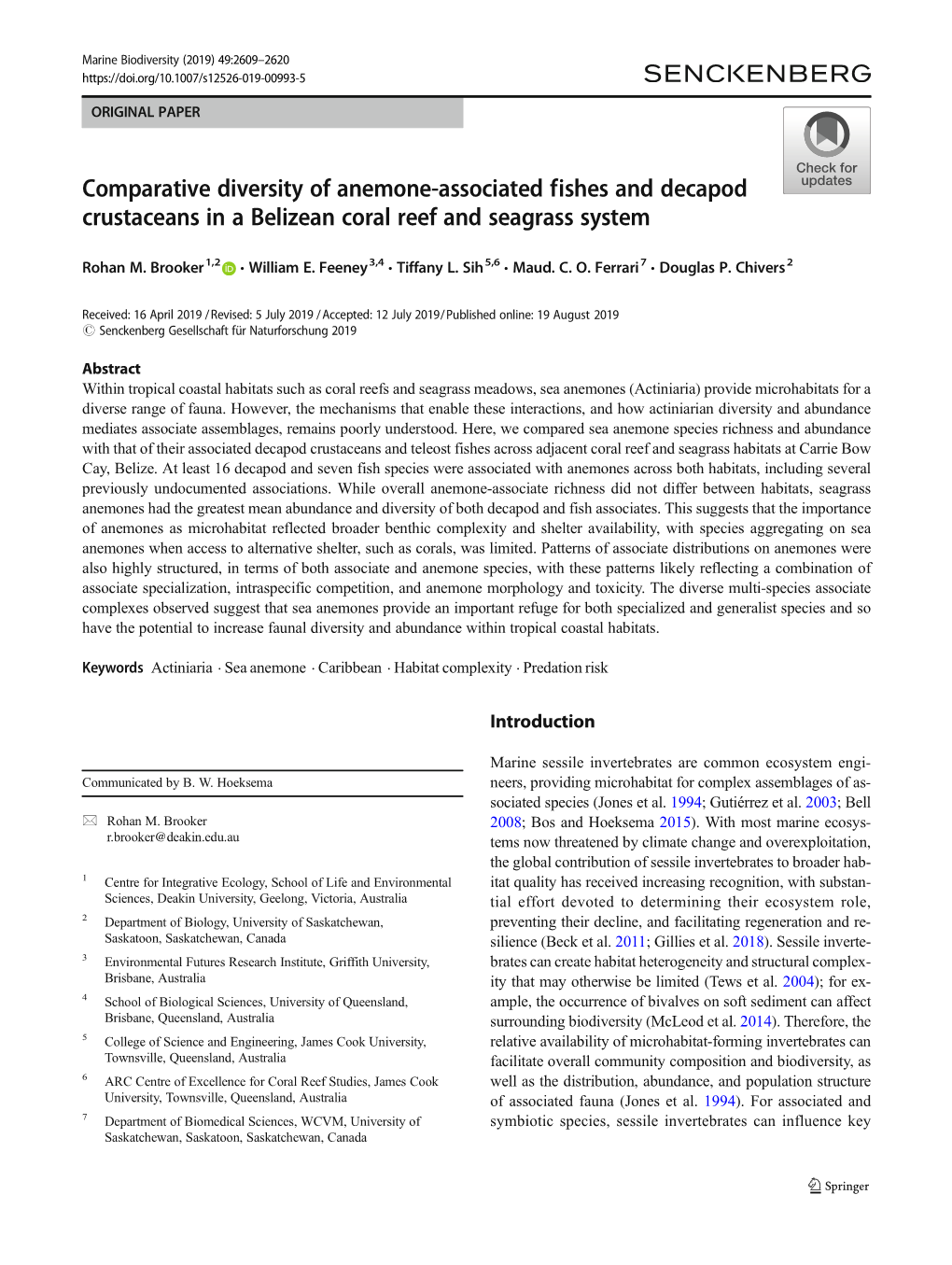 Comparative Diversity of Anemone-Associated Fishes and Decapod Crustaceans in a Belizean Coral Reef and Seagrass System