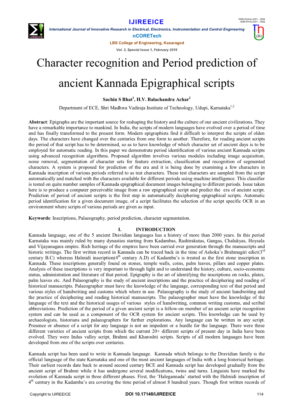 Character Recognition and Period Prediction of Ancient Kannada Epigraphical Scripts