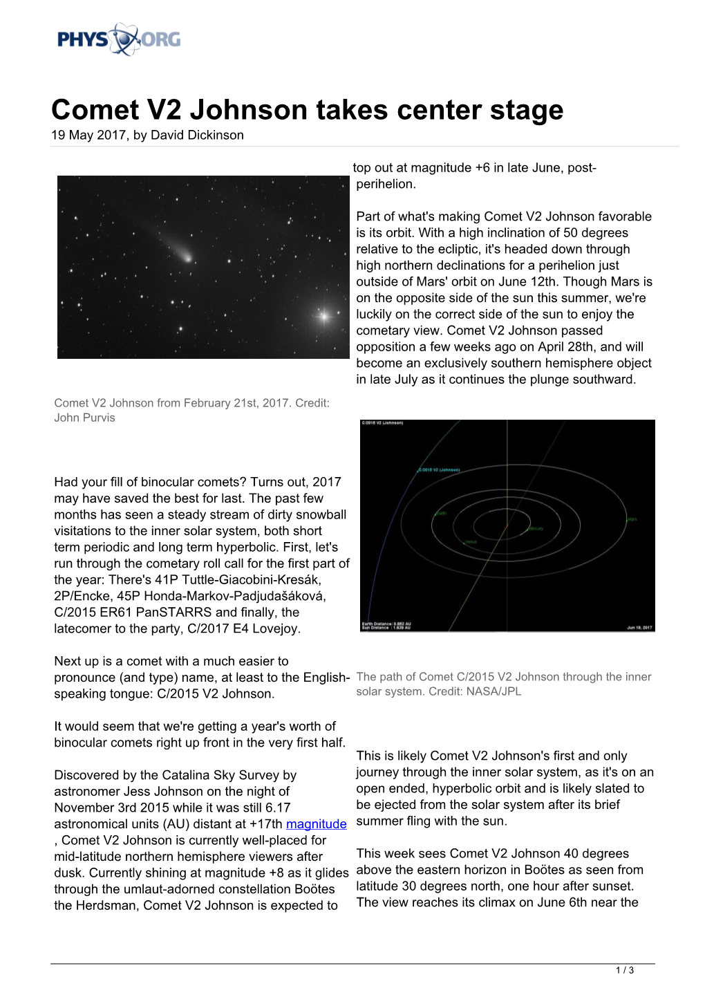 Comet V2 Johnson Takes Center Stage 19 May 2017, by David Dickinson