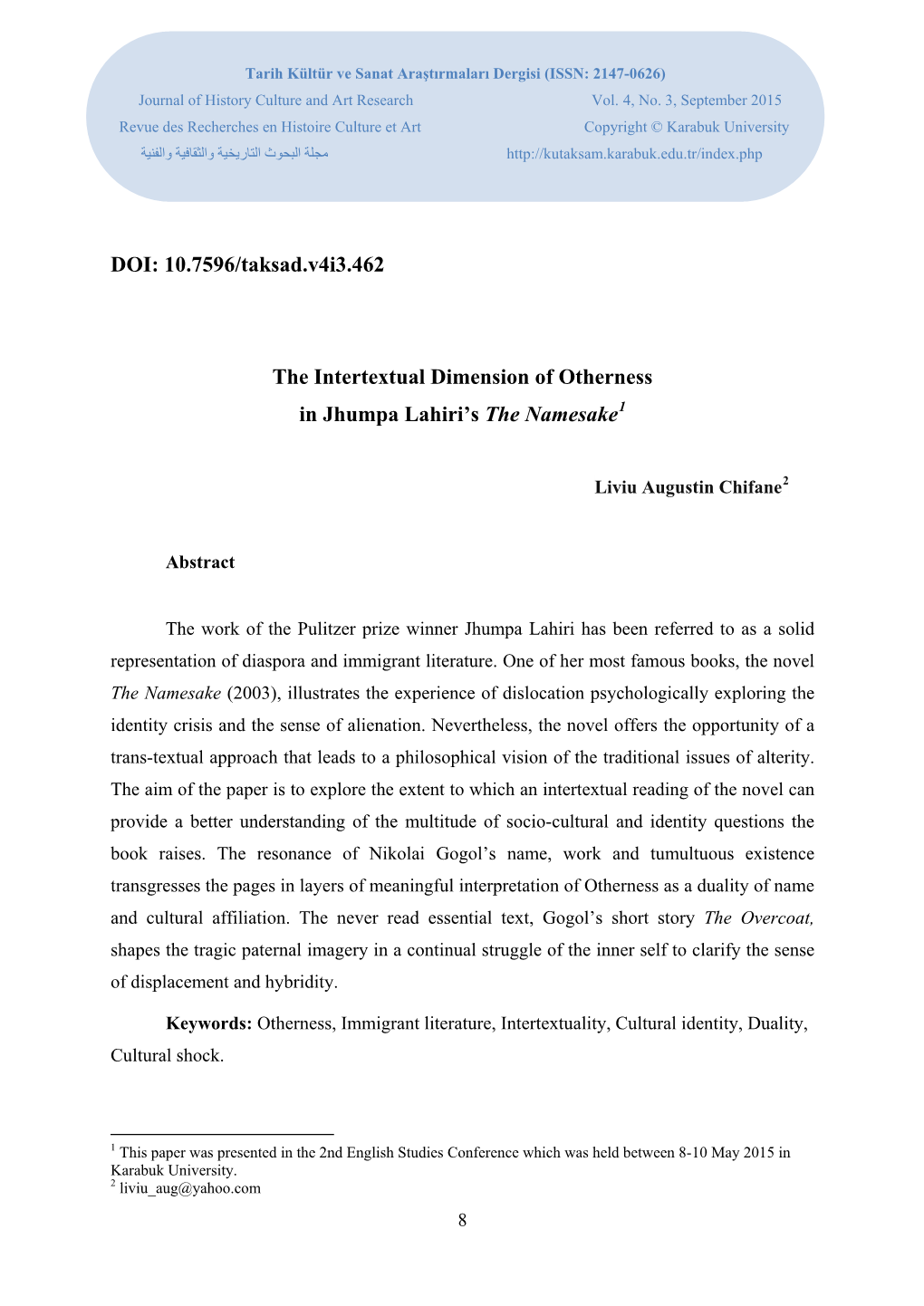 DOI: 10.7596/Taksad.V4i3.462 the Intertextual Dimension of Otherness