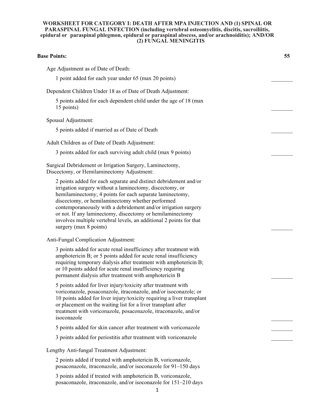 Worksheet for Category I: Death After Mpa Injection and (1) Spinal Or