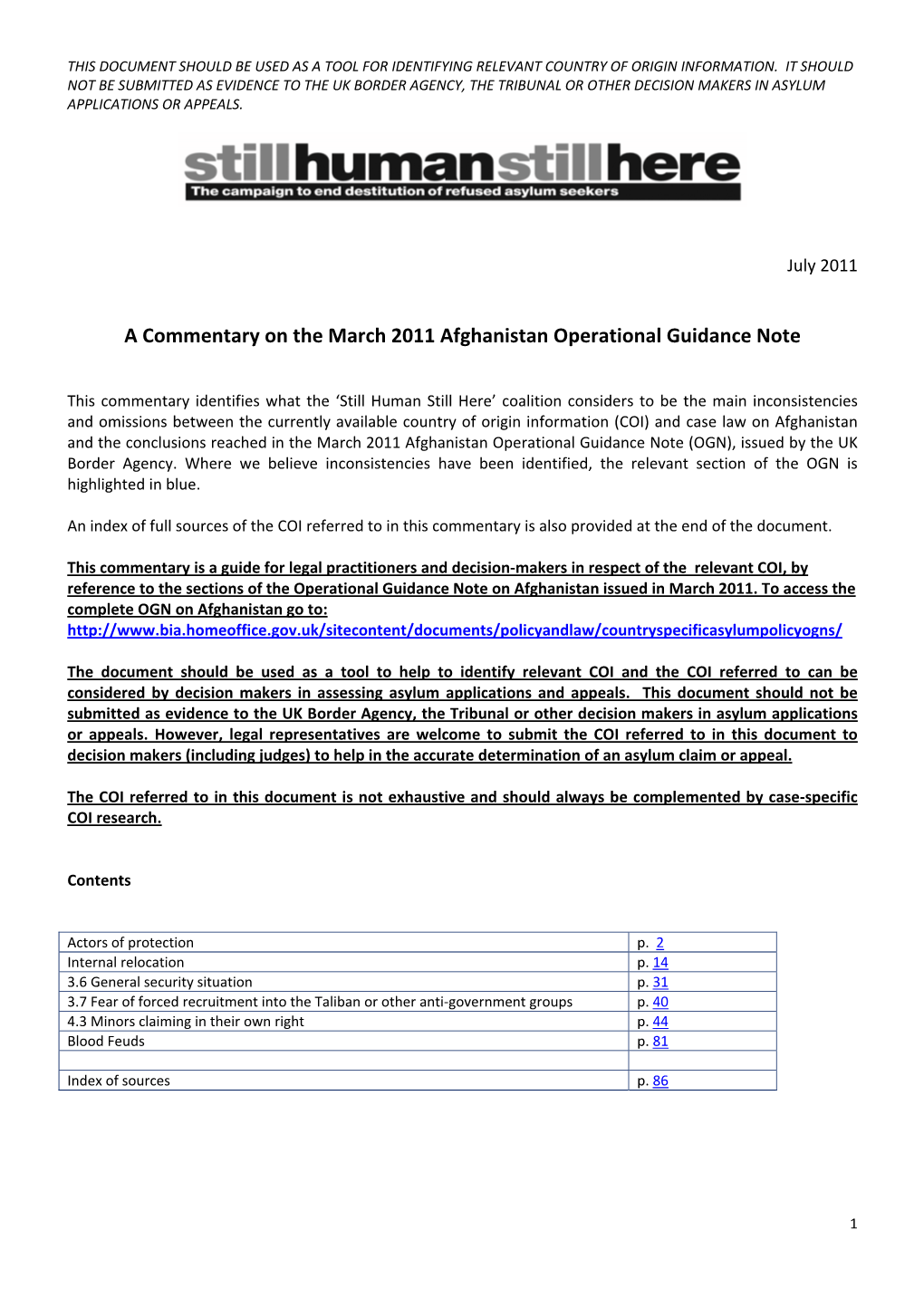 A Commentary on the March 2011 Afghanistan Operational Guidance Note