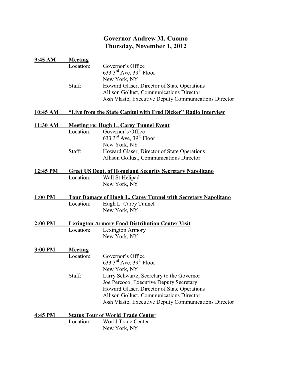 Governor Andrew M. Cuomo Thursday, November 1, 2012