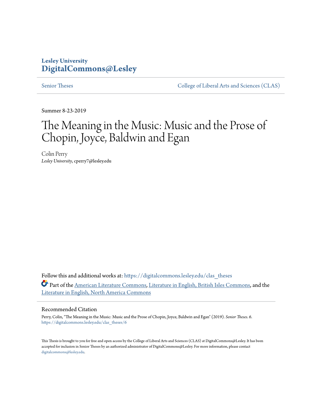 Music and the Prose of Chopin, Joyce, Baldwin and Egan Colin Perry Lesley University, Cperry7@Lesley.Edu