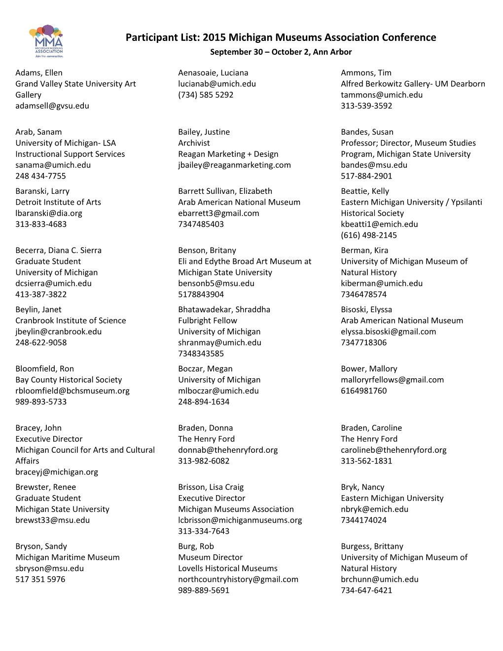 Participant List: 2015 Michigan Museums Association Conference September 30 – October 2, Ann Arbor