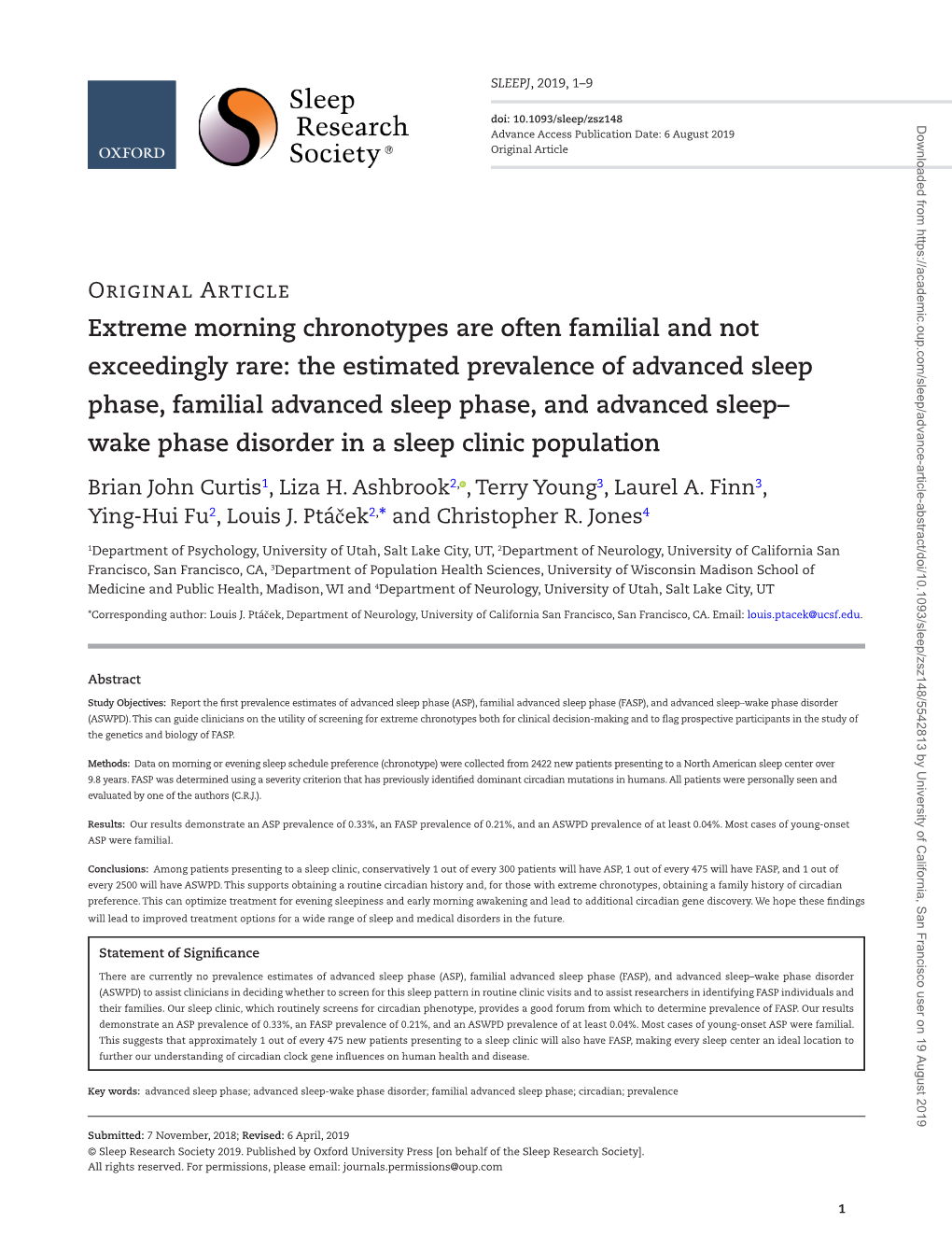 The Estimated Prevalence of Advanced Sleep Phase, Familial Advanced Sleep Phase, and Advanced Sleep– Wake Phase Disorder in a Sleep Clinic Population