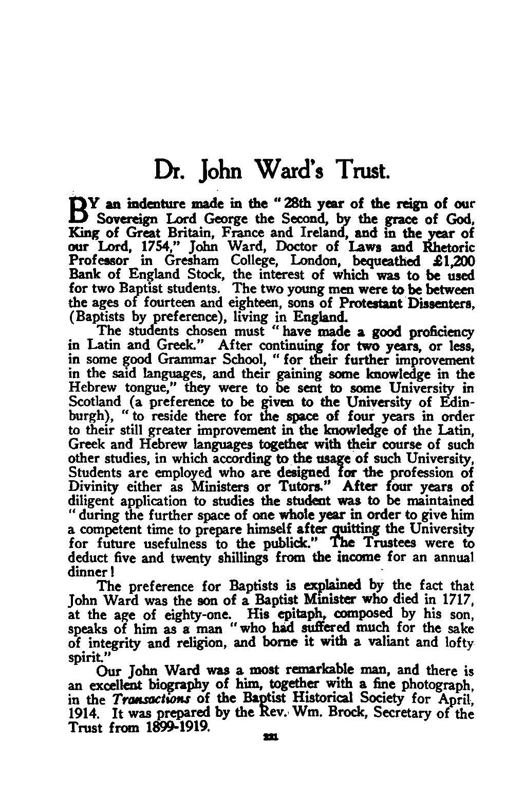 Dr. John Ward's Trust 227 in 1822, Instead of the Word 