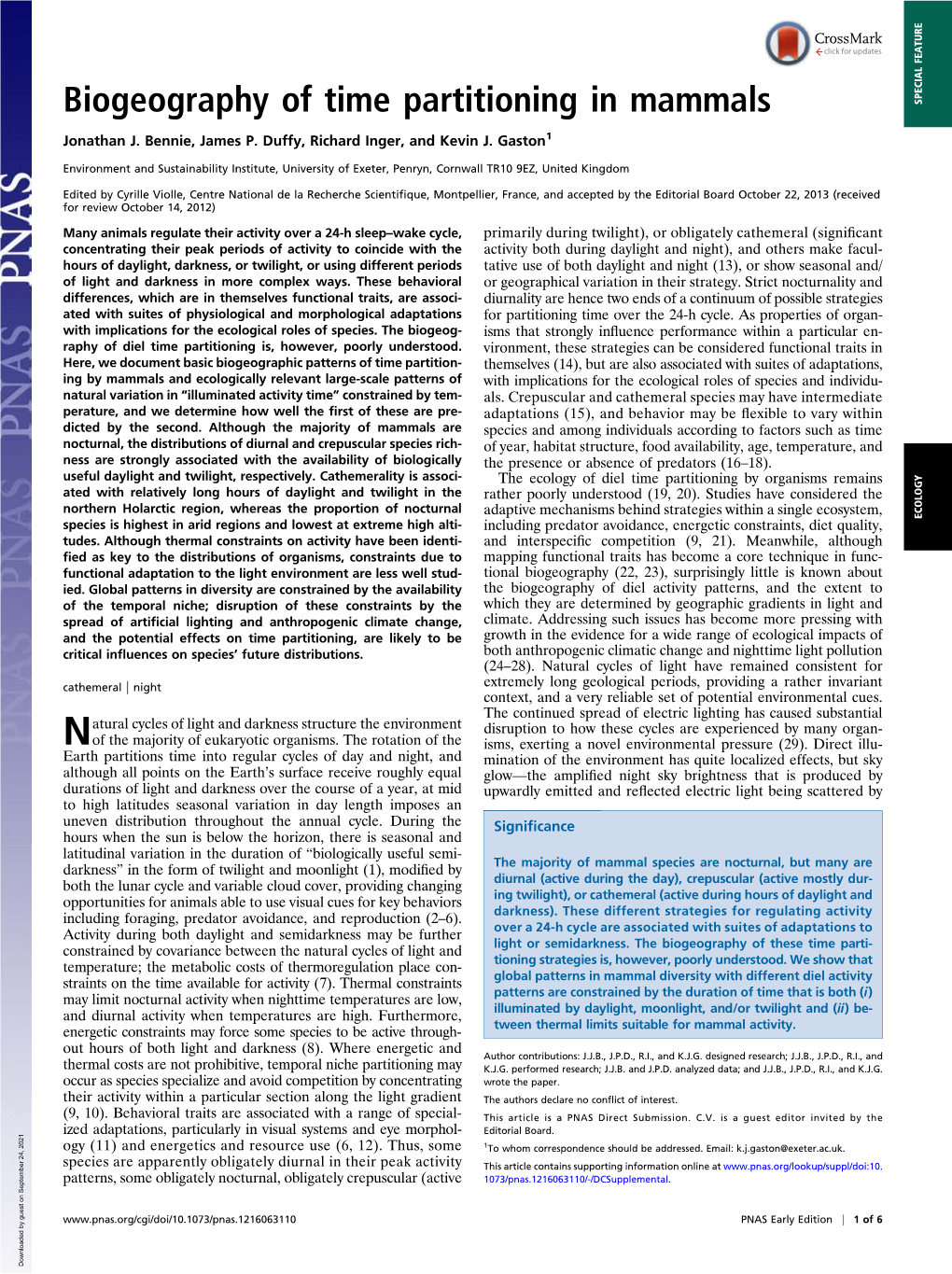 Biogeography of Time Partitioning in Mammals SPECIAL FEATURE