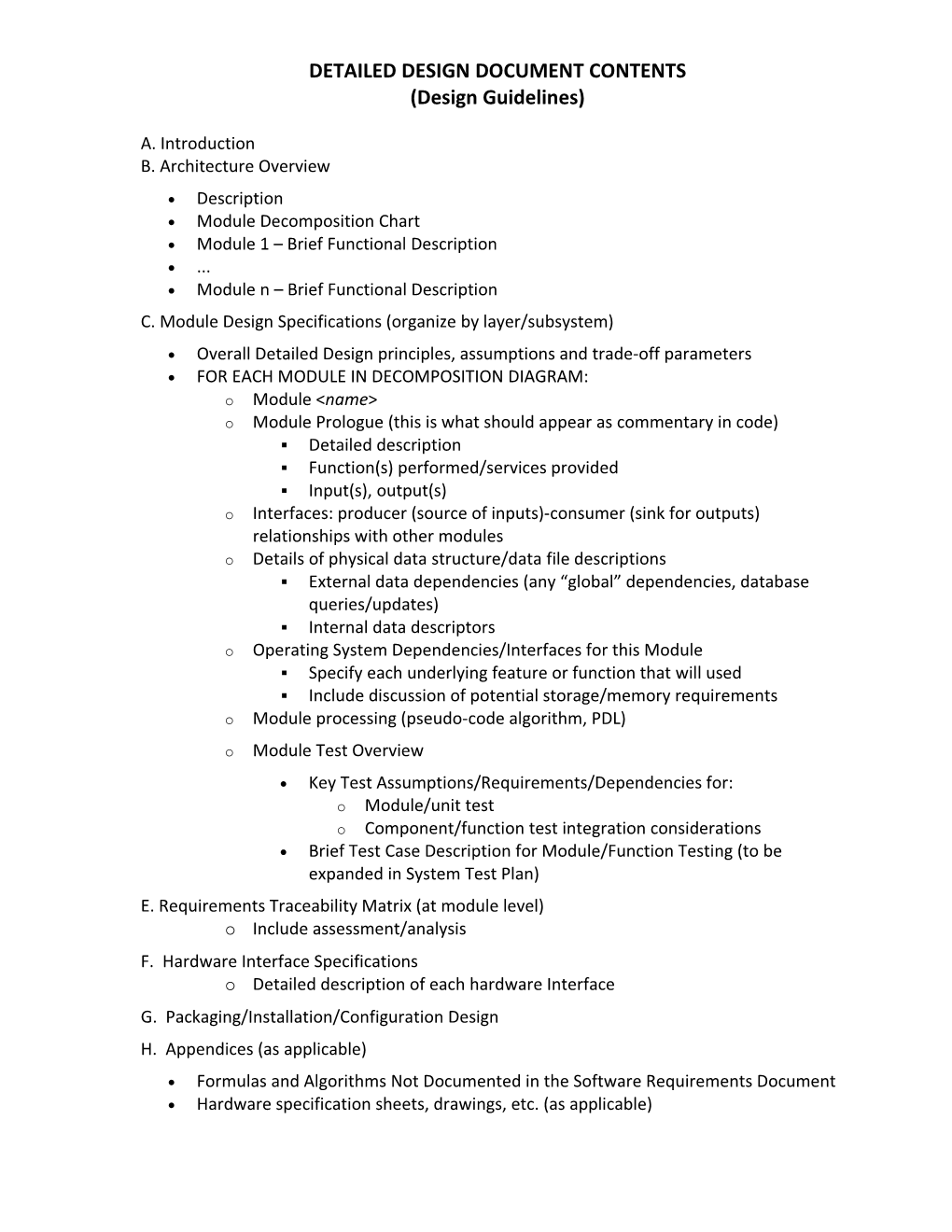 Detailed Design Document Contents