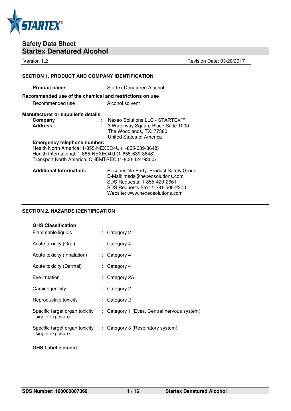 Startex Denatured Alcohol Version 1.2 Revision Date: 03/20/2017