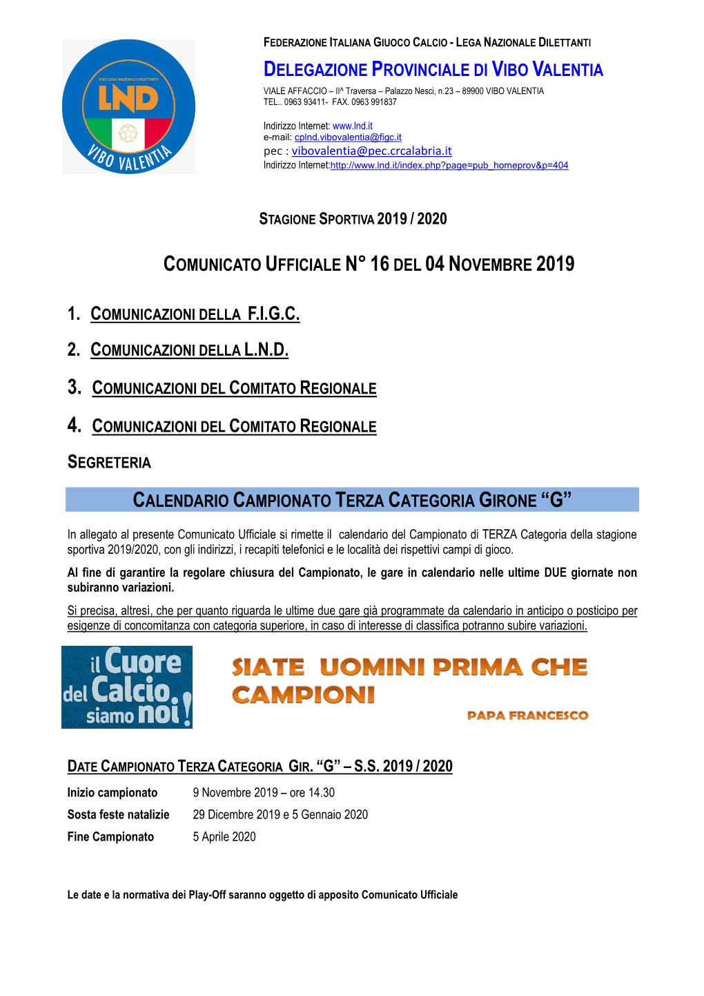 2020 Comunicato Ufficiale N°16Del 04Novembre 2019