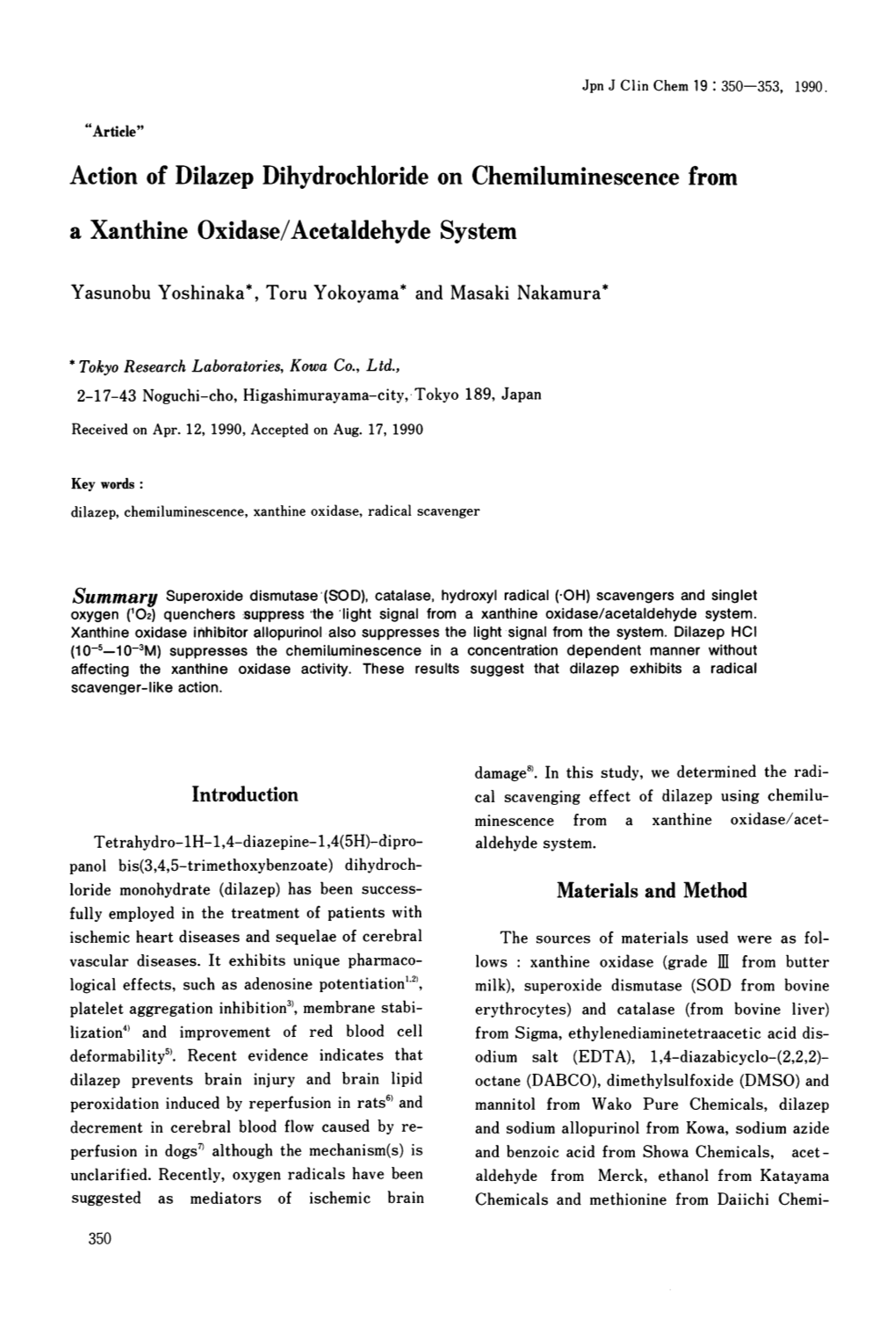 Action of Dilazep Dihydrochloride on Chemiluminescence from a Xanthine Oxidase/Acetaldehyde System